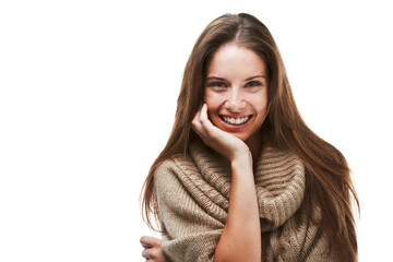 Sticker - Woman, beauty and confidence portrait with fashion in studio with organic cotton clothes for sustainability in winter. Model, person and happy with eco friendly style and mockup on white background