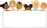 Fototapeta Dinusie - 001837_ExplorMulticultural kids hold a blank board. Cute little kids on a white background show a blank poster for text entry. Banner. Cartoon Vector illustration. Isolated.e1