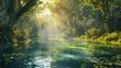 A tranquil river winding through a sun-dappled forest, with lush greenery reflecting in the crystal-clear waters beneath a canopy of towering trees.