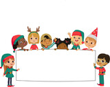 Fototapeta Dinusie - Multicultural kids Christmas Elves hold a blank board. Cute little kids on a white background show a blank poster for text entry. Inclusive education. Banner. Cartoon Vector illustration. Isolated.