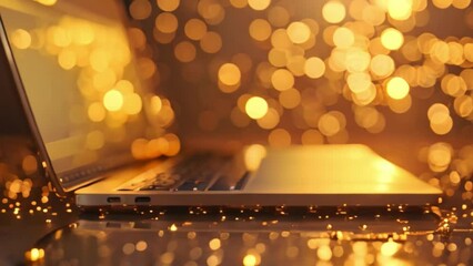 Poster - Golden Bokeh Lights Surrounding Open Laptop at Twilight