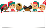 Fototapeta Dinusie - Multicultural kids hold a blank board. Cute little kids on a white background show a blank poster for text entry. Inclusive education. Banner. Cartoon Vector illustration. Isolated.