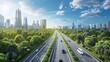 Sustainable transportation flows smoothly along a modern, tree-lined highway amidst a bustling cityscape.