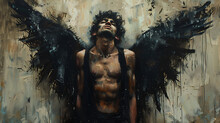 A Somber Male Angel With Black Wings, Depicted In A Melancholic Scene, Evoking Themes Of Sorrow, Solitude, And Perhaps A Sense Of Fallen Grace