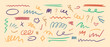 Marker scribble elements collection. Hand drawn strokes, underlines, wave brush marks.Colored vector set isolated on beige background.