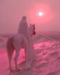 Woman in white dress riding white horse in desert under pink sky