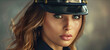 Charming sensual police officer female model studio photo with copyspace, big beautiful eyes, tender lips
