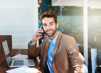 Poster - Phone call, smile and businessman with laptop in coffee shop working on freelance budget plan. Technology, cellphone and financial advisor on mobile discussion with computer in cafe or restaurant.