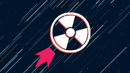 Poster - Radiation symbol flies through the universe on a jet propulsion. The symbol in the center is shaking due to high speed. Seamless looped 4k animation on dark blue background with stars
