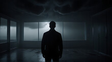 A Man Surrounded All Around By Black Clouds In A Room, Concept Photo, Mental Health, Darkness, Dark Themed, Wide Rear Shot, Shot