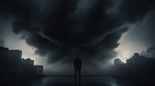 A Man Surrounded All Around By Black Clouds In A Room, Concept Photo, Mental Health, Darkness, Dark Themed, Wide Rear Shot, Cloud