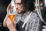 Fototapeta Mapy - Brewer sommeliers taste quality and color of craft beer from brewery factory