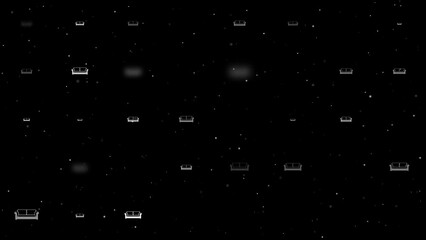 Poster - Template animation of evenly spaced sofa icons of different sizes and opacity. Animation of transparency and size. Seamless looped 4k animation on black background with stars