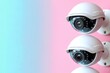 White glossy security cameras with hologram details on pastel background for professional use