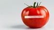 Tomato with a horizontal white line like a no entry sign, suggesting they are poisonous. Concept of GMO and toxic food.