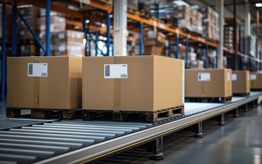 Boxes on a Conveyor Belt in a Busy Warehouse - fulfillment center logistics, warehouse supply chain operations