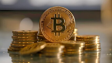 Aufkleber - Stack of Gold Bitcoins on Table