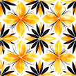 Bright watercolor seamless floral pattern with yellow, orange and black accents on white background.