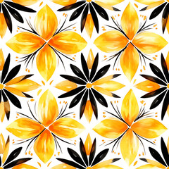 Wall Mural - Bright watercolor seamless floral pattern with yellow, orange and black accents on white background.