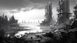 the contrast of futuristic technologies in a post-apocalyptic setting through intricate black and white details