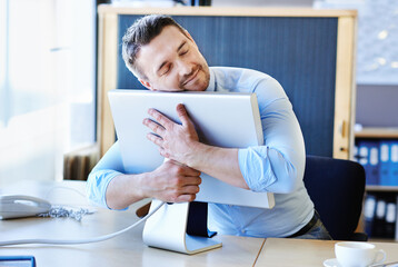 Leinwandbilder - Office, hug or man with laptop for love of programs, applications and career in workplace. Happy businessman, software developer or pc monitor for coding with smile, care or passion in perfect job