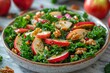 A fresh kale salad with crisp apple slices, walnuts, and a sprinkle of herbs, presented in a rustic bowl for a healthy meal option.