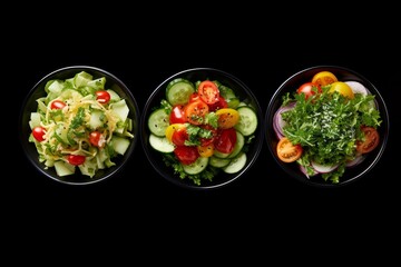 Wall Mural - Close up picture of a fresh vegetable salad with tomato, cucumber, lettuce, onion, and egg in a wooden bowl shot in a studio with dark background.