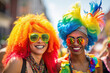 Generative AI illustration of delighted young multiracial female homosexual friends in bright colorful wigs and sunglasses smiling and looking at camera during LGBT parade on city street