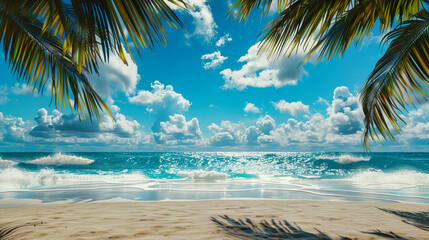 Wall Mural - Dominican Beach Paradise with Lush Palm Trees and Turquoise Waters, Ideal for a Sunny Seaside Getaway