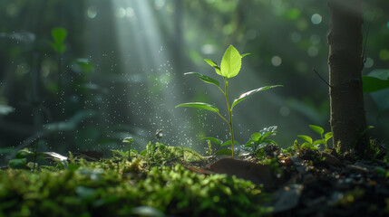 Poster - Young Plant Sprouting with Magical Sparkling Seeds on a Forest Floor