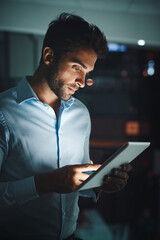Poster - Businessman, night and reading with tablet for research, networking or checking connectivity at office. Man, employee or tech support working late on technology for browsing or internet connection