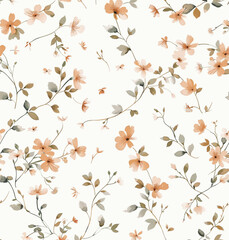 Wall Mural - tiny floral pattern on white background, small flowers scattered around the design, muted colors, small roses and leaves in shades of blue, cream, grey, small tiny birds flying through the scene