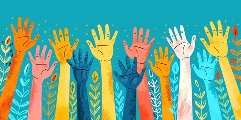 Raised colorful human hands depicting unity in diversity.