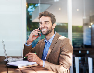 Poster - Phone call, happy and businessman with laptop in coffee shop working on freelance budget plan. Technology, cellphone and financial advisor on mobile discussion with computer in cafe or restaurant.