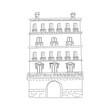 Old house with arch door and balcony decorations, contour monochrome sketch vector illustration