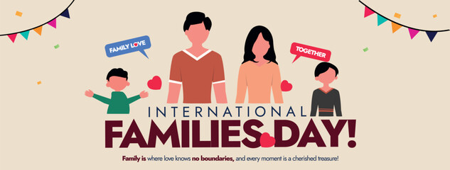 International Families day. 15th May International Families day celebration cove banner with Family of four: Mother, father, son, daughter. Embracing Diversity, Strengthening Families awareness banner