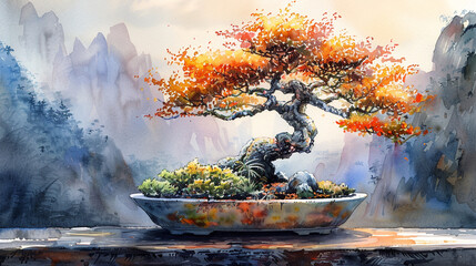 Wall Mural - watercolor painted illustration of a bonsai