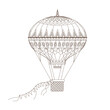 Hot air balloon flying in sky with flags on rope, monochrome pencil drawing vector illustration