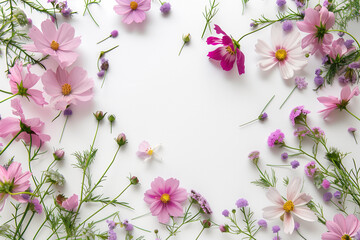 Wall Mural - frame of pink flowers on white background. top view