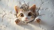 Chubby kawaii cat cartoon, two paws out, head peeking from cracked 3D white wall, soft shadows for depth