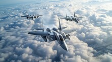 Three Fighter Jets Flying In Formation Above The Clouds