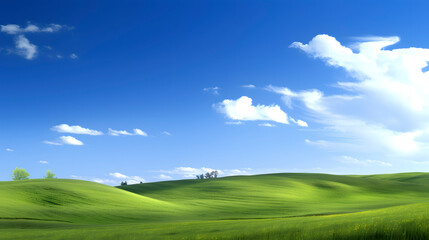 Wall Mural - Digital technology blue sky white clouds green hills abstract poster web page PPT background