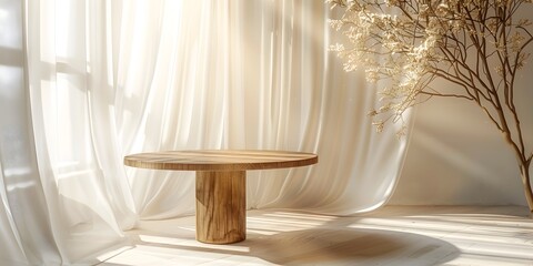 Poster - Elegant Wooden Table Setting With Soft Lighting and Curtains for Cosmetic and Skincare Product Displays