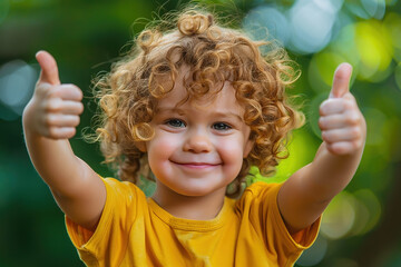 A happy blond young child with a smiling face giving a cheerful thumbs up sign with both hands.