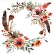 A watercolor Boho floral frame featuring wildflowers and feathers on a clear background.