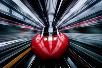 Wall Mural - Red high-speed train in motion at a train station, representing speed, technology, and modern transportation.