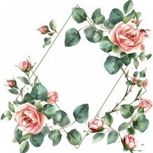 A Diamond-shaped Frame Made Of Watercolor Eucalyptus Leaves And Tiny Pink Roses.