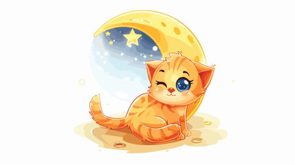 Cute kitten is sitting on the moon. Vector Illustration