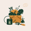 Fresh greens in the basket. Garden tools and harvest composition. Vector illustration