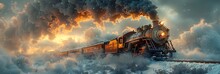 A Vintage Steam Locomotive Chugging Through A Snowy Landscape, Steam Billowing From Its Chimney